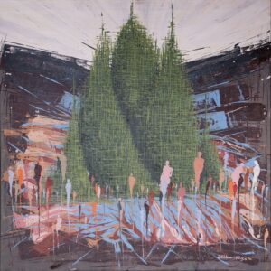 Ghanbari - painting of cypress trees with figures