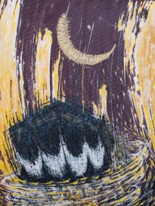 Ghanbari - painting of a crescent moon over a dark structure