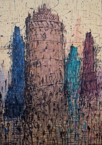Ghanbari - painting of a tall tower among colorful towers