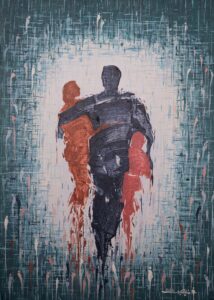 Ghanbari - painting of a father figure carrying two children
