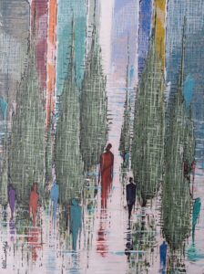 Ghanbari - painting of cypress trees with walking figures