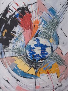 Ghanbari - painting of the globe within swirling forms