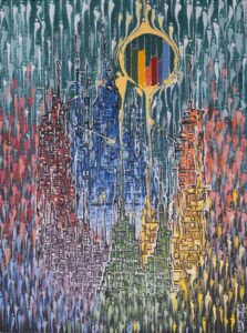Ghanbari - painting of colorful towers under a bar chart circle