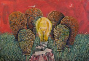 Tabatabai - Painting: a lightbulb among brooms under a red sky