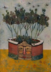 Tabatabai - Painting: a head-shaped planter with trees and birds