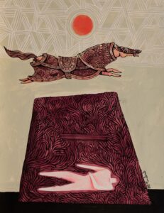 Tabatabai - Painting: armored dog leaping over a maroon block with a figure and a sun