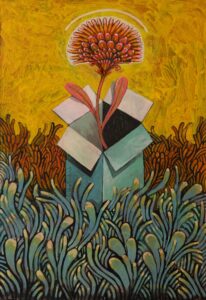 Tabatabai - Painting: a box with a blooming flower on yellow, among reeds