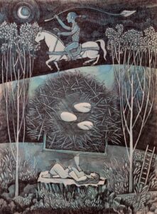 Tabatabai - Painting: a night rider over a nest with a sleeping woman