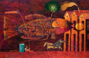 Tabatabai - Painting: a large fish with houses, a man with a barrel and a horse