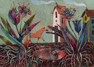 Tabatabai - Painting: a horse and houses over a buried fish among flowers