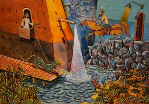 Tabatabai - Painting: a woman with a leopard on a tower, a horseman and a waterfall