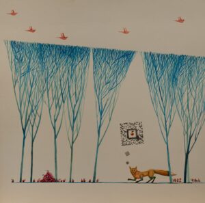 Tabatabai - Painting: a fox with a QR code among blue tree curtains