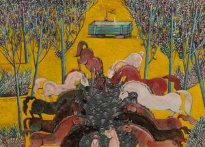 Tabatabai - Painting: horses drinking at a fountain among blue trees